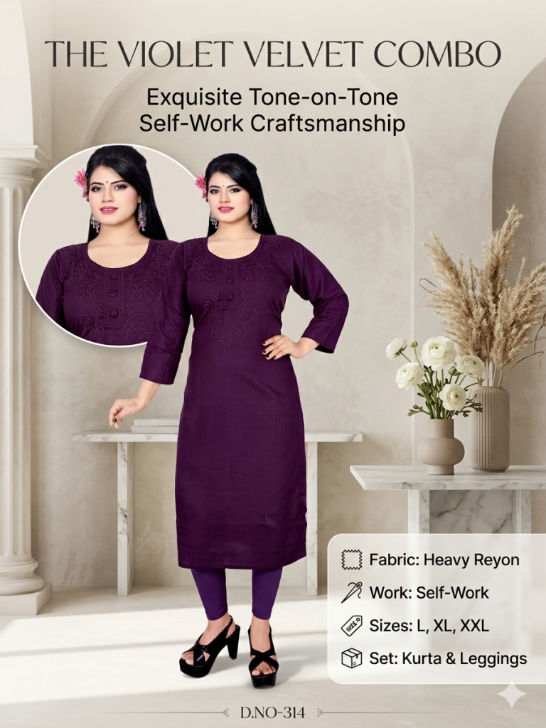 Violet Velvet Self-Work Kurta with Leggings – DNO-314