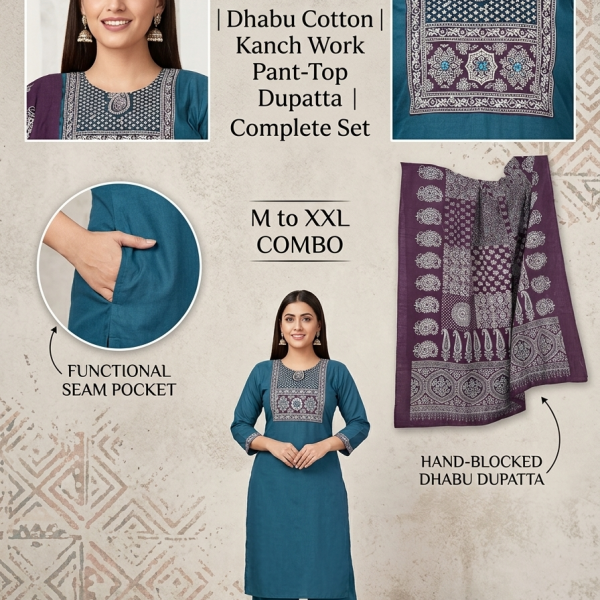 Dhabu Cotton Kanch Work Pant Top with Dupatta Set – D.238-C