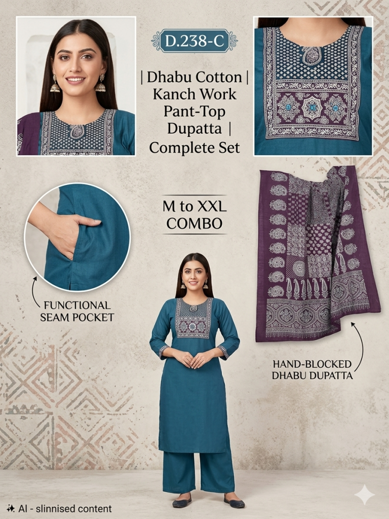 Dhabu Cotton Kanch Work Pant Top with Dupatta Set – D.238-C