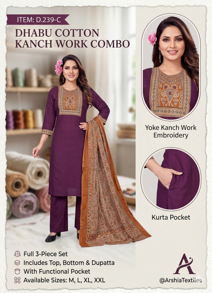 Dhabu Cotton Kanch Work 3-Piece Set with Dupatta – D.239-C