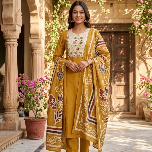 Dhabu Cotton 3-Piece Kurta Set with Dupatta
