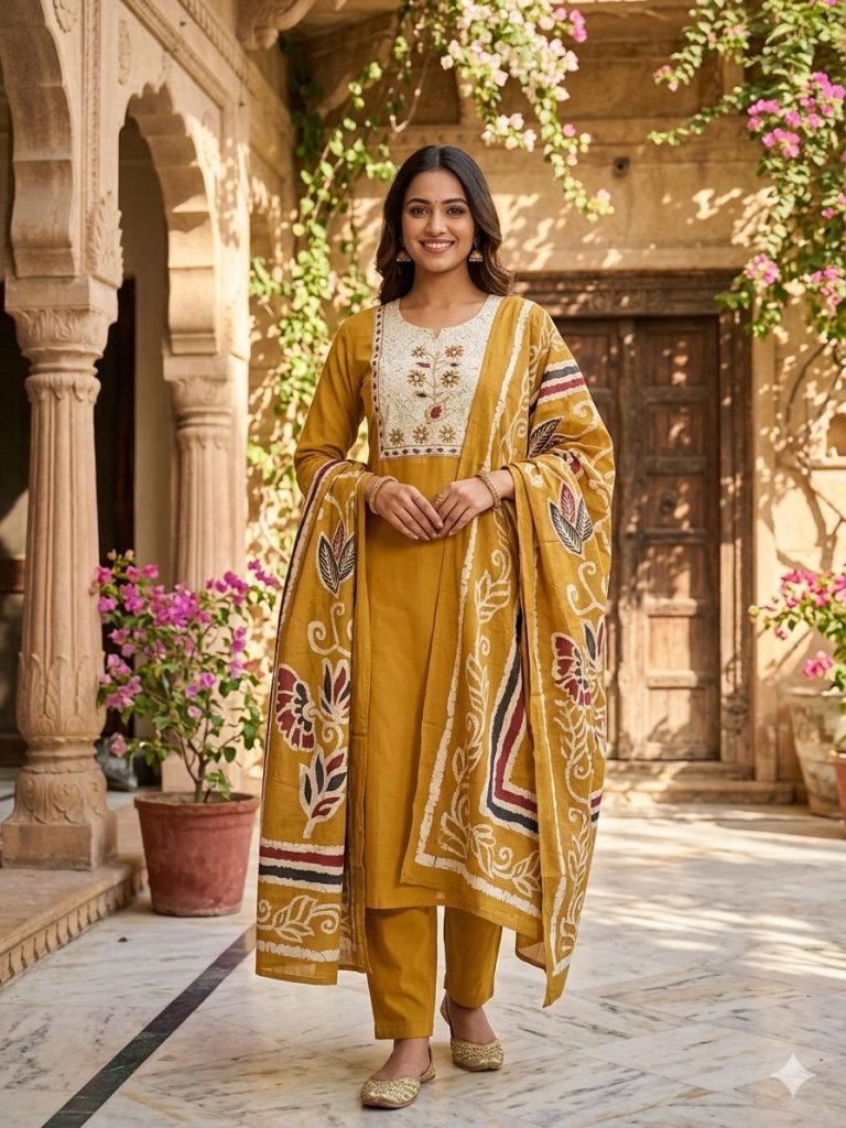 Dhabu Cotton 3-Piece Kurta Set with Dupatta