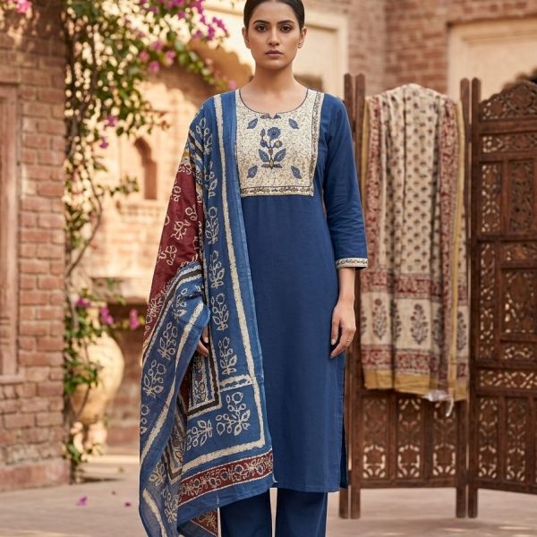 Dhabu Cotton 3-Piece Kurta Set with Dupatta – Blue