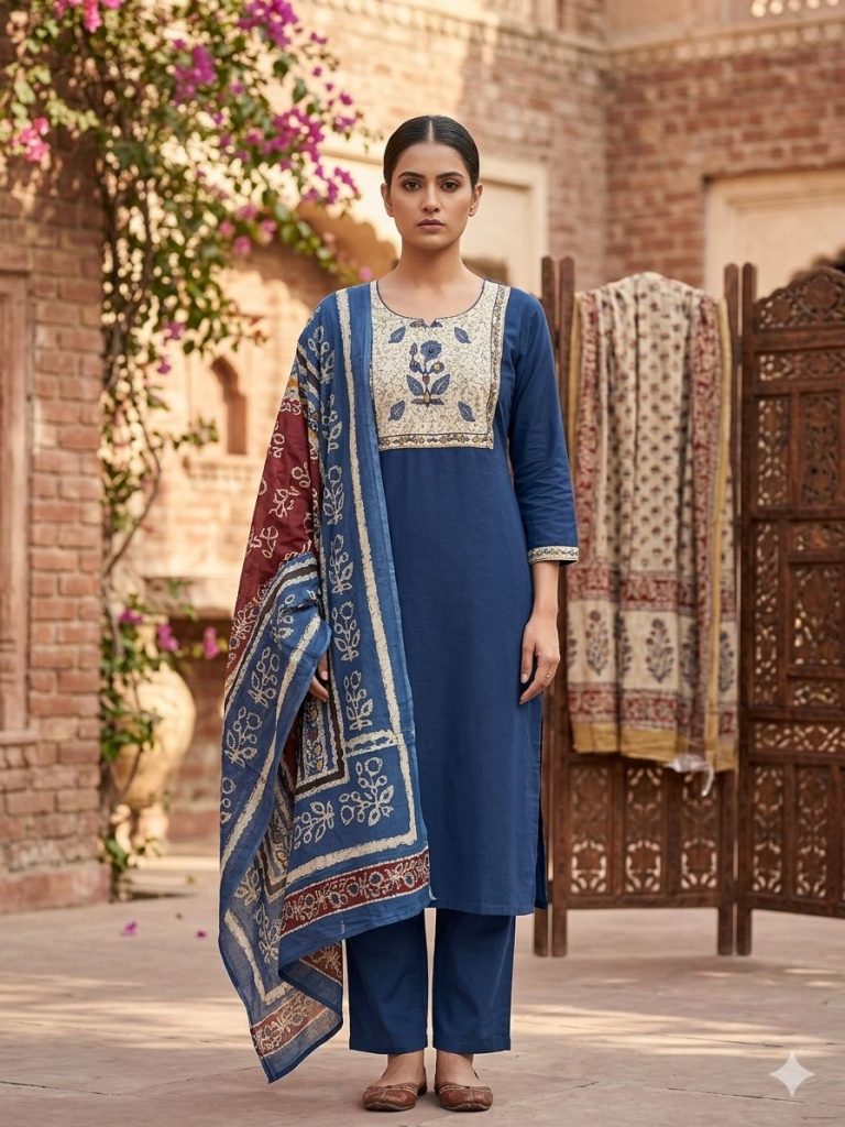 Dhabu Cotton 3-Piece Kurta Set with Dupatta – Blue